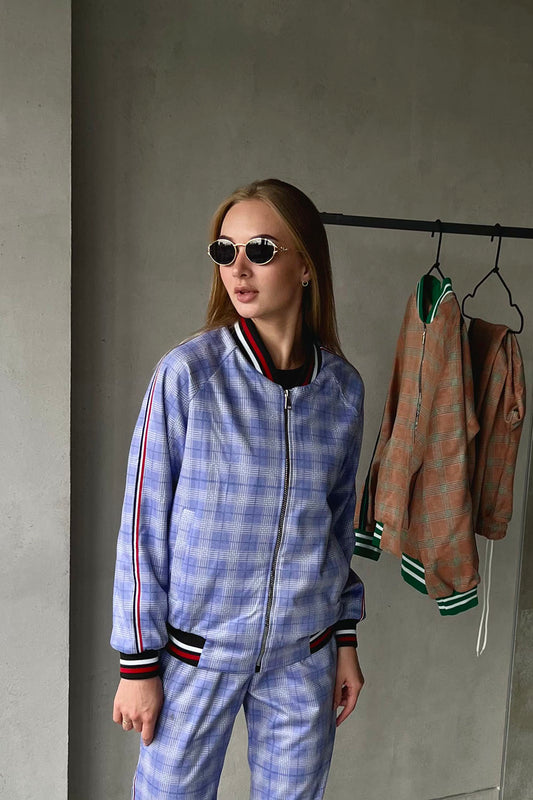 Violet and blue checkered women's tracksuit