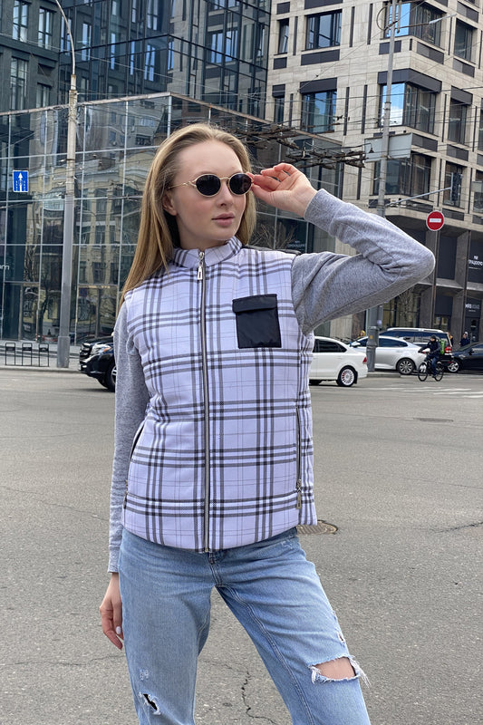 Vest demi-season, unisex, plaid Black-White