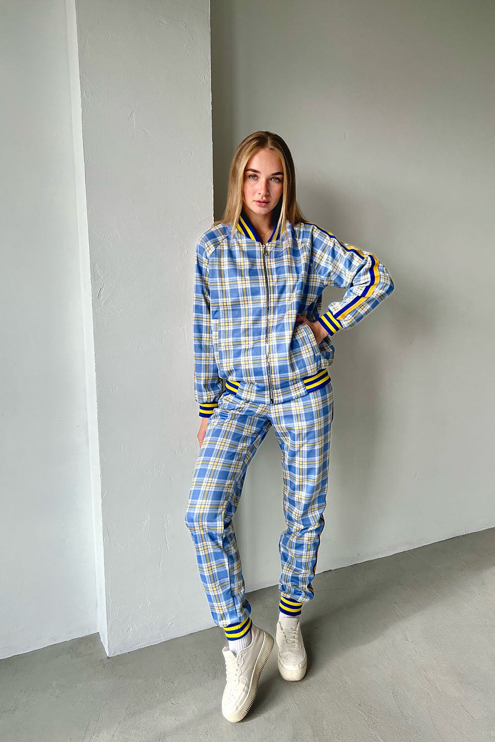 Women's Yellow-Blue Checkered Colin Farrell Coach Tracksuit