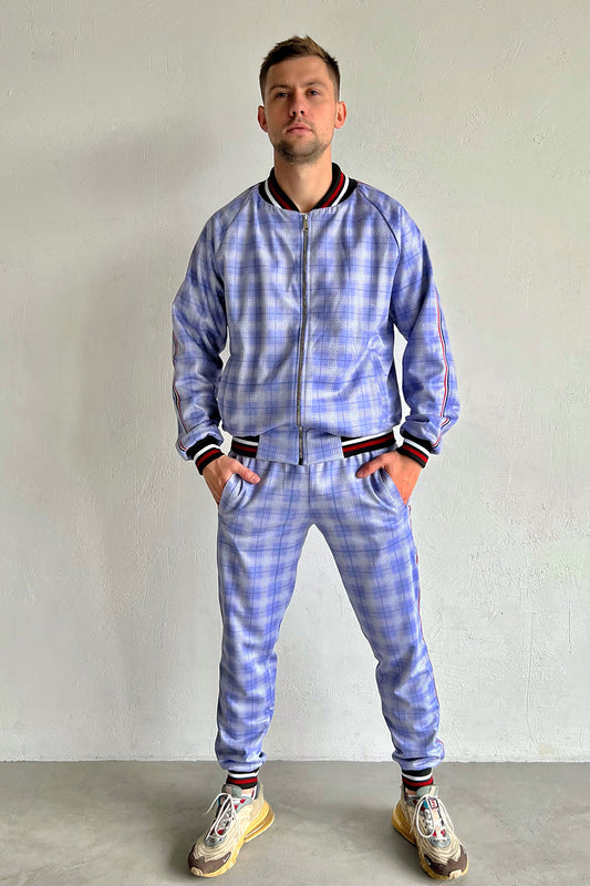 Violet and blue checkered men’s tracksuit