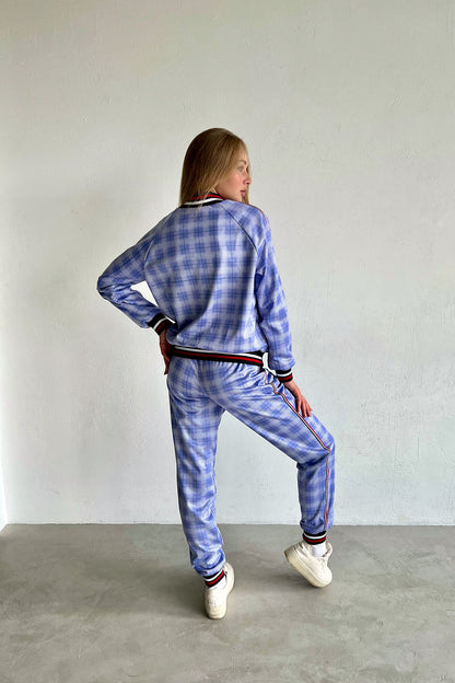 Violet and blue checkered women's tracksuit